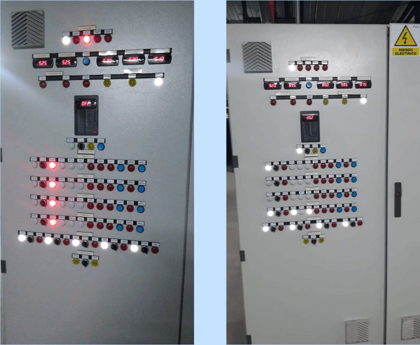 Rack de compresores con alarma, antes y después del mantenimiento Ecuclima