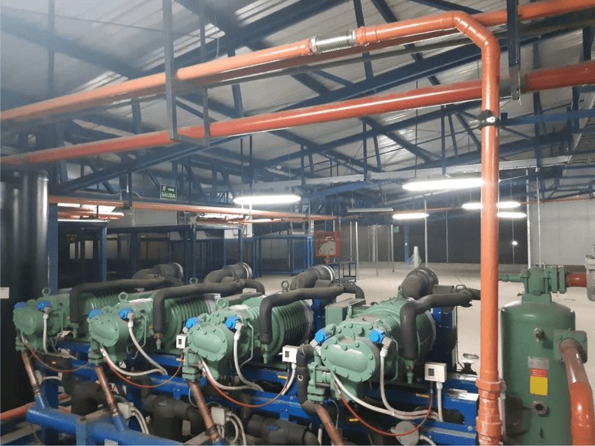 Rack de compresores Bitzer operativo en planta industrial